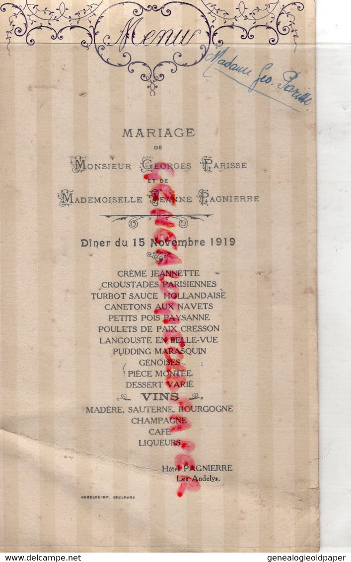 27- LES ANDELYS- MENU HOTEL PAGNIERRE- MARIAGE GEORGES PARISSE ET JEANNE PAGNIERRE-15 NOVEMBRE 1919- MME PARISSE - Menükarten