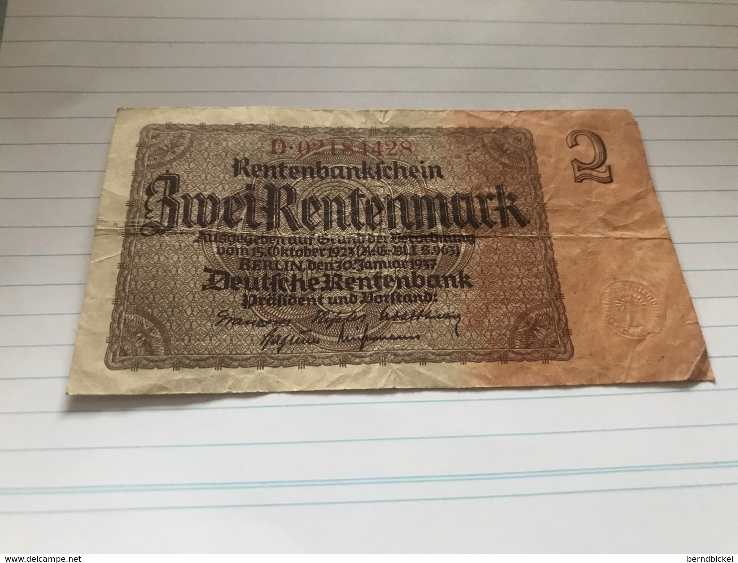 Banknote Notgeld Rentenbankschein 2 Rentenmark 1923 - Other & Unclassified