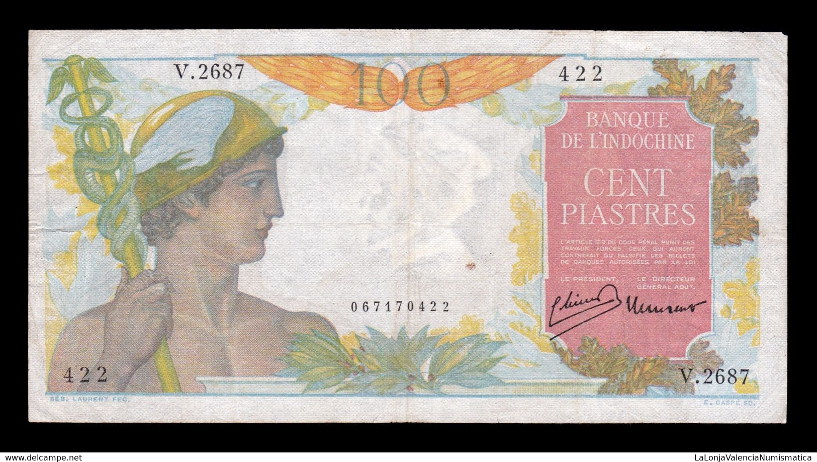 French Indochina Francesa 100 Piastres ND (1947-1954) Pick 82b Bc/Mbc F/Vf - Indochine