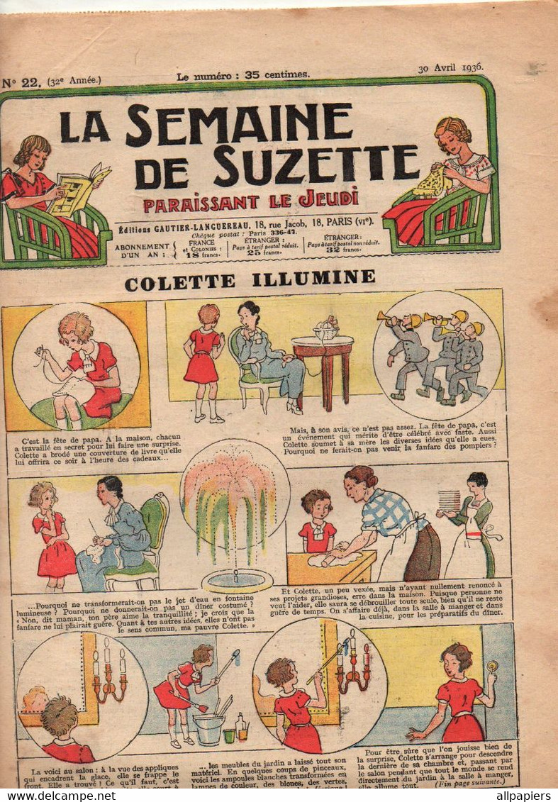 La Semaine De Suzette N°22 Colette Illumine - Premières Communiantes - La Croisière De Bécassine - Changement D'air1936 - La Semaine De Suzette