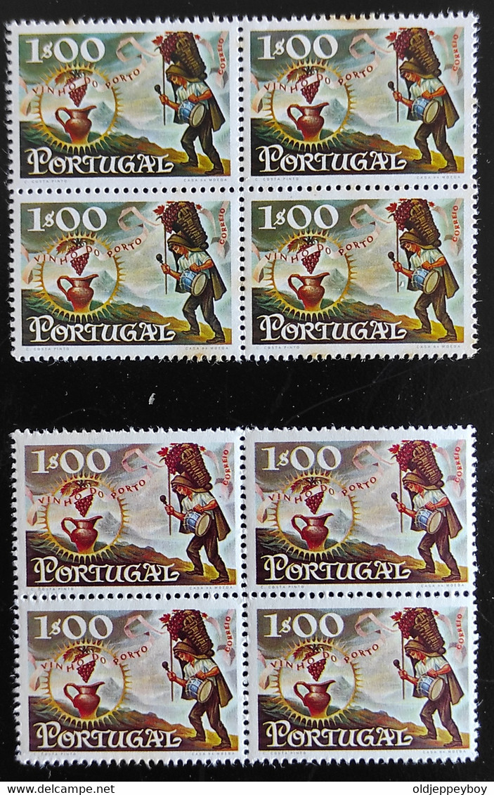 ERRO VARIEDADE  Portugal, 1970 - Vinho Do Porto  Mundifil 1088 2 Blocks Of 4 Colour Variation Error Cor Errada MNH Rare - Unused Stamps