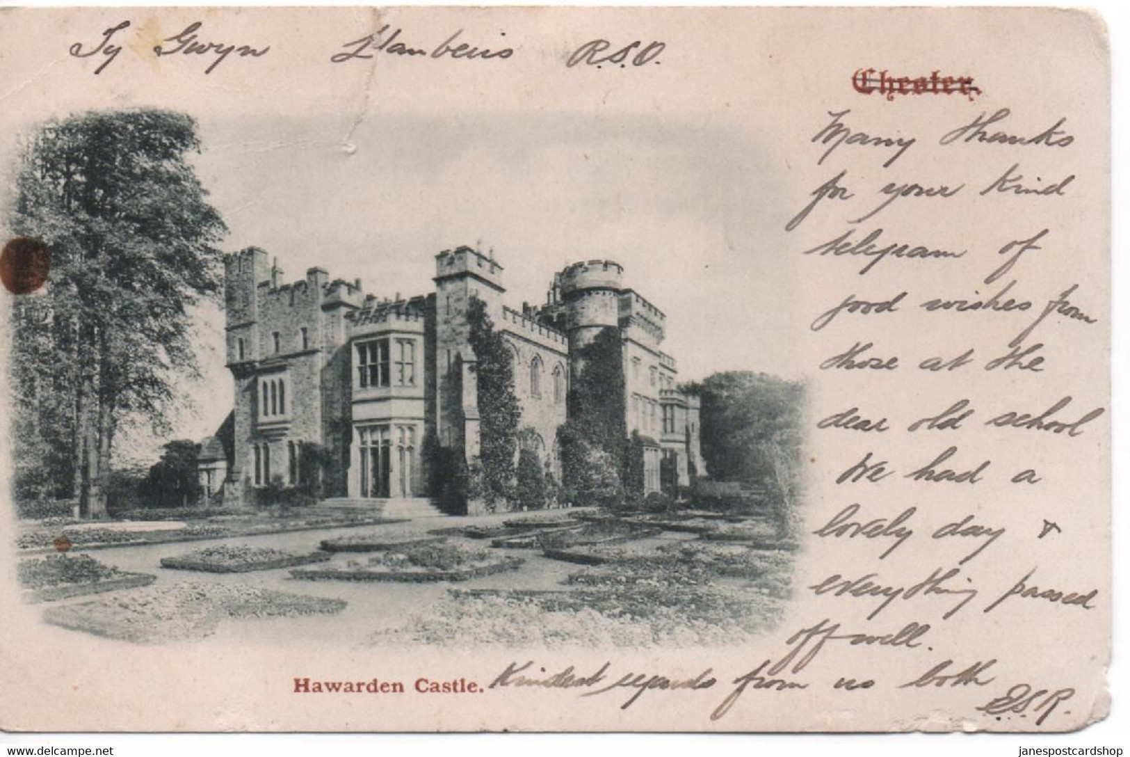 HAWARDEN CASTLE - FLINTSHIRE WITH LLANBERIS R.S.O. WRITTEN ON CARD - EARLY CARD 1901 - STAMP REMOVED - Flintshire