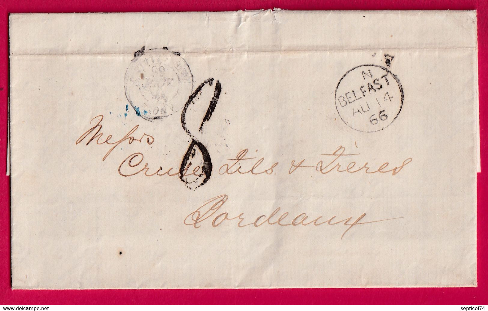 MARQUE BELFAST IRLANDE 1866 TAXE TAMPON 8 POUR BORDEAUX  LETTRE COVER - Prephilately