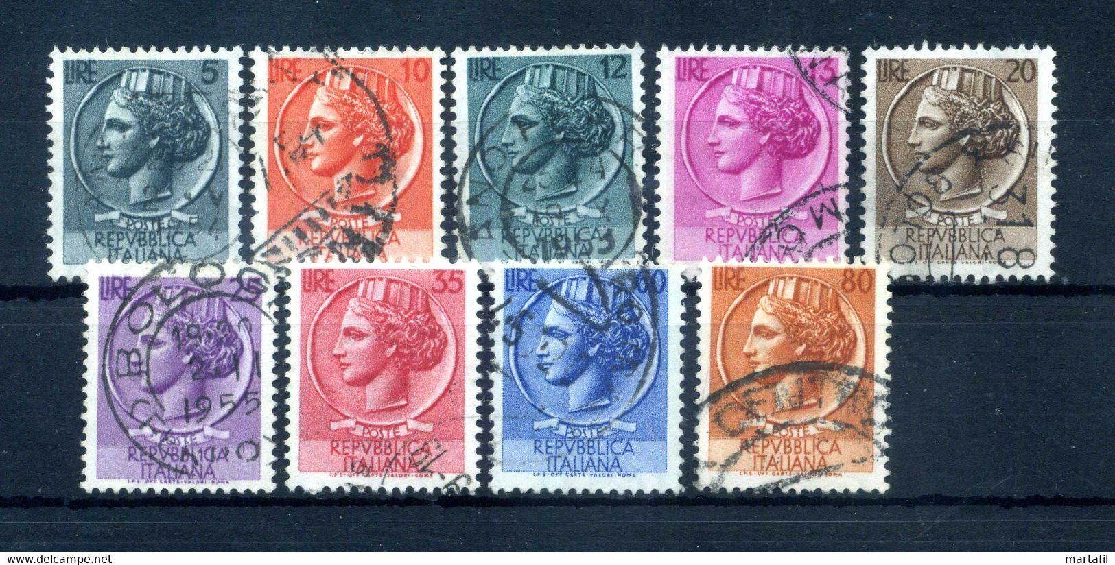 1953-54 Repubblica TURRITA - SIRACUSANA 710/718 SET USATO Filigrana Ruota - 1946-60: Gebraucht