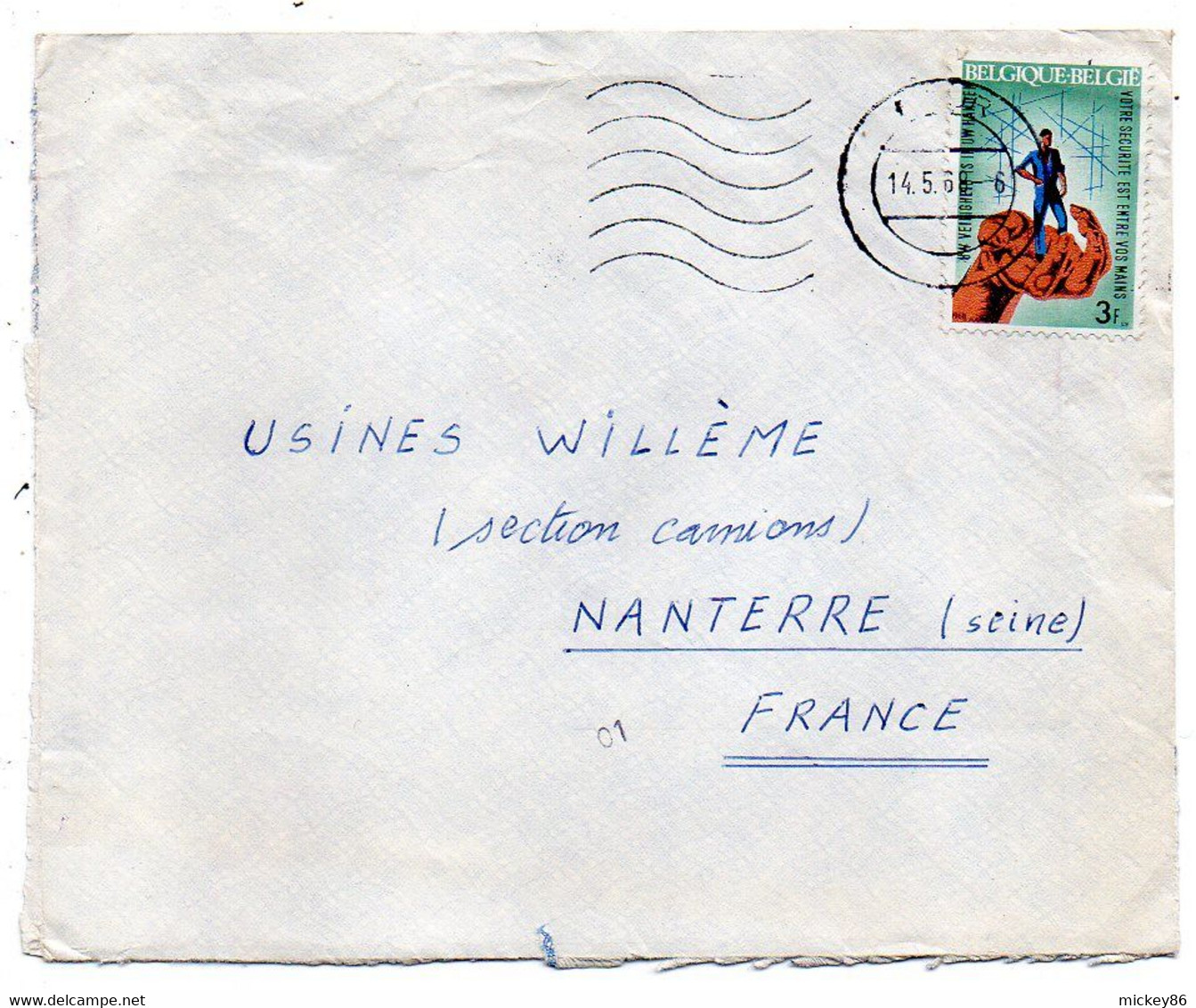 BELGIQUE - 1968-- De  DOUR   Pour NANTERRE- 92 (France)..timbre (sécurité)  Seul Sur Lettre ,cachet - Covers & Documents