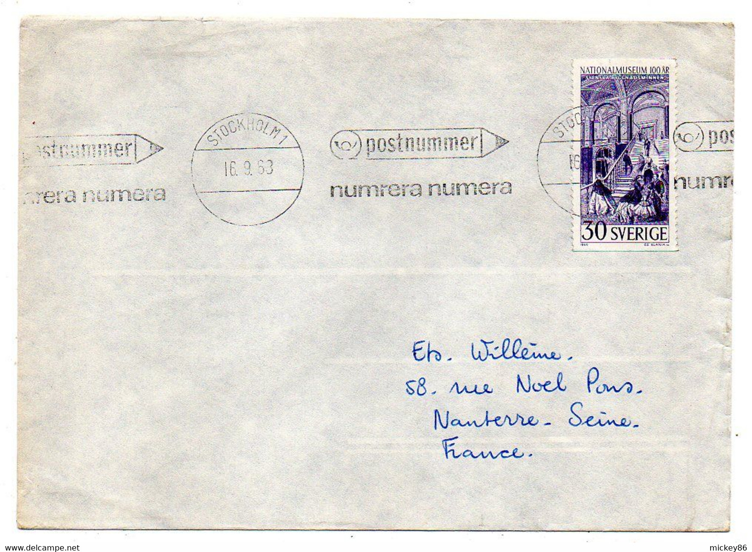 SUEDE -1963--STOCKHOLM   Pour NANTERRE- 92 (France)..timbre  Seul Sur Lettre , Beau Cachet - Cartas & Documentos