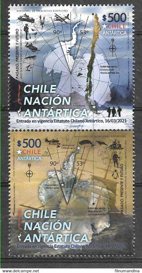 #2573 CHILE 2021 ANTARCTICA  MAP,SHIP,BIRD.VERTICAL PAIR YV 2171-2 MNH - Andere & Zonder Classificatie