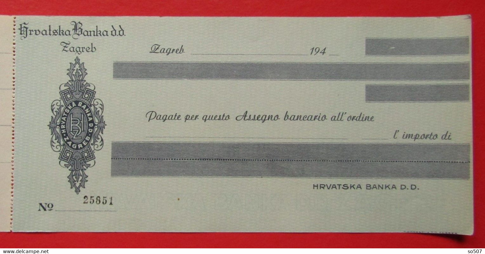 X1- Check, Cheque, Promissory Note, Bill Of Exchange- Croatian Bank, Hrvatska Banka D.d. Zagreb, Kingdom Of Yugoslavia - Chèques & Chèques De Voyage