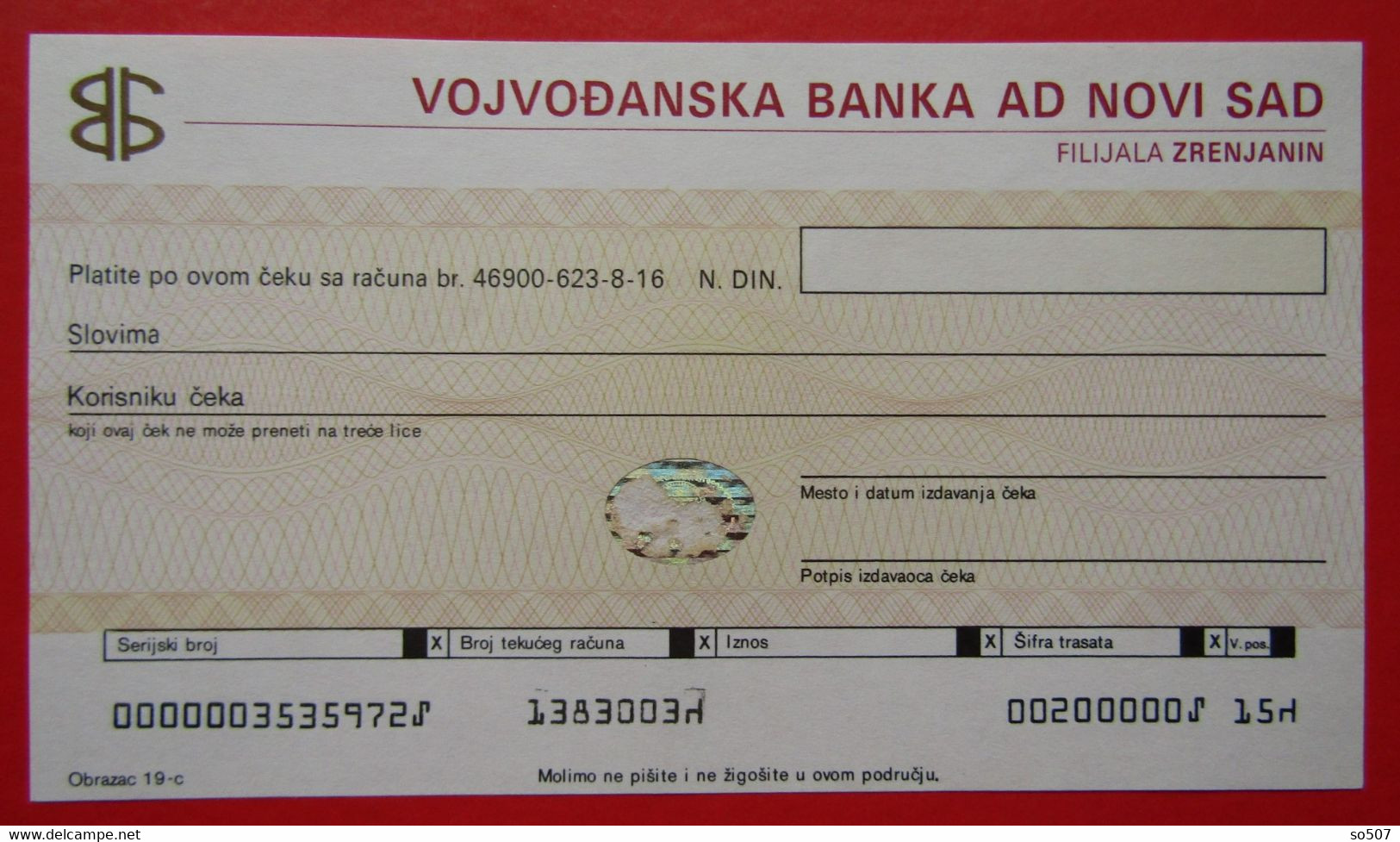 X1- Check, Cheque - Vojvodjanska Banka D. D. Novi Sad - Main Branch Office Bank In Zrenjanin, Yugoslavia - Chèques & Chèques De Voyage