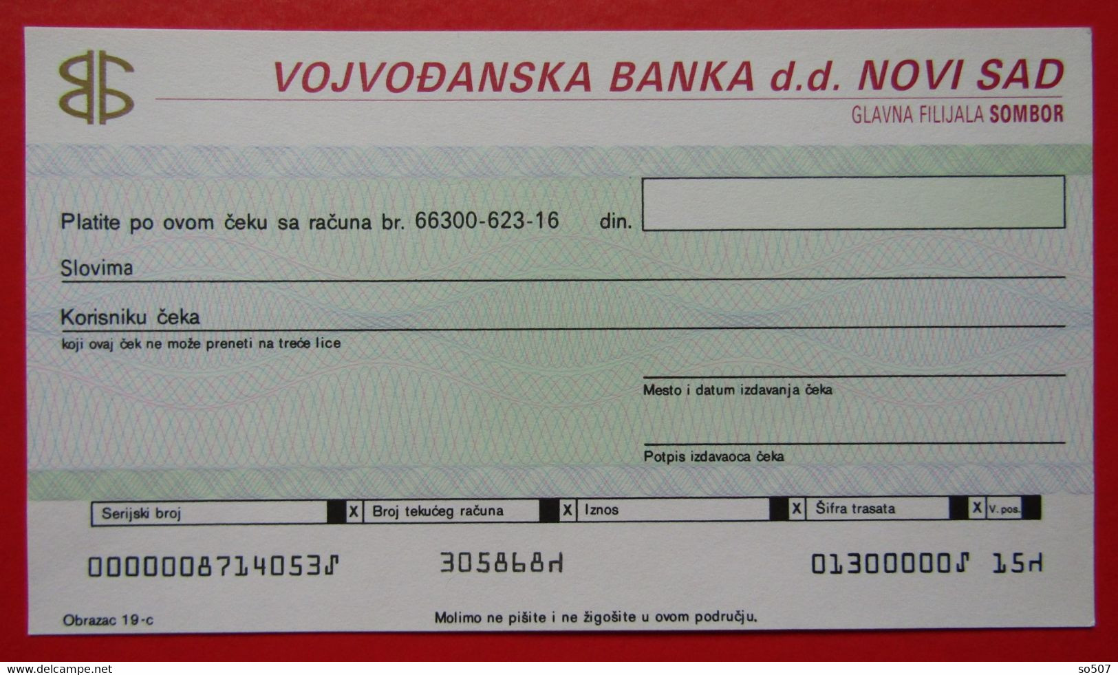 X1- Check, Cheque - Vojvodjanska Banka D. D. Novi Sad - Main Branch Office Bank In Sombor, Yugoslavia - Chèques & Chèques De Voyage