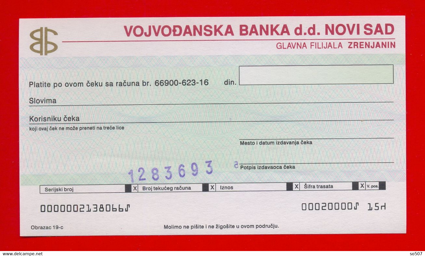 X1- Check, Cheque - Vojvodjanska Banka D. D. Novi Sad - Main Branch Office Bank In Zrenjanin, Yugoslavia - Chèques & Chèques De Voyage