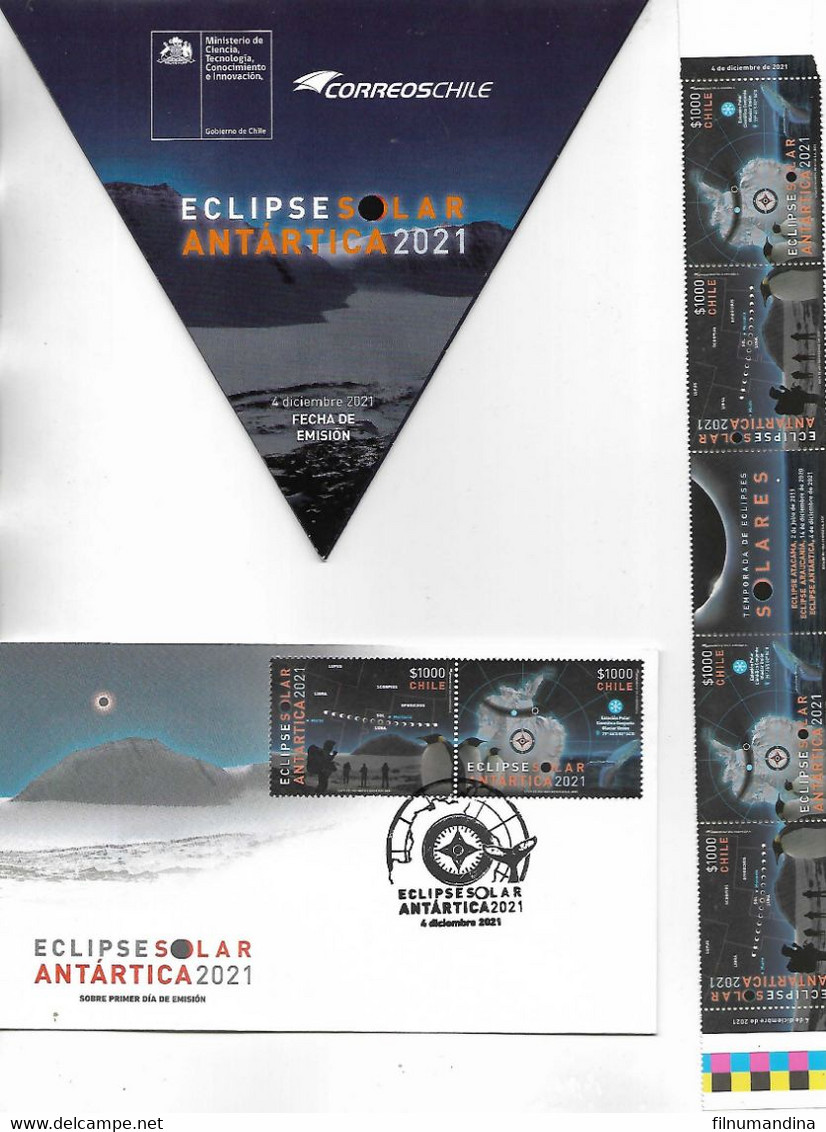 #2579 CHILE 2021 ANTARCTICA SPACE SOLAR ECLIPSE OVER ANTARCTICA PAIR YV 2179-80 COMBO GUTTER PAIR+ FDC+ BROCHURE - Sud America