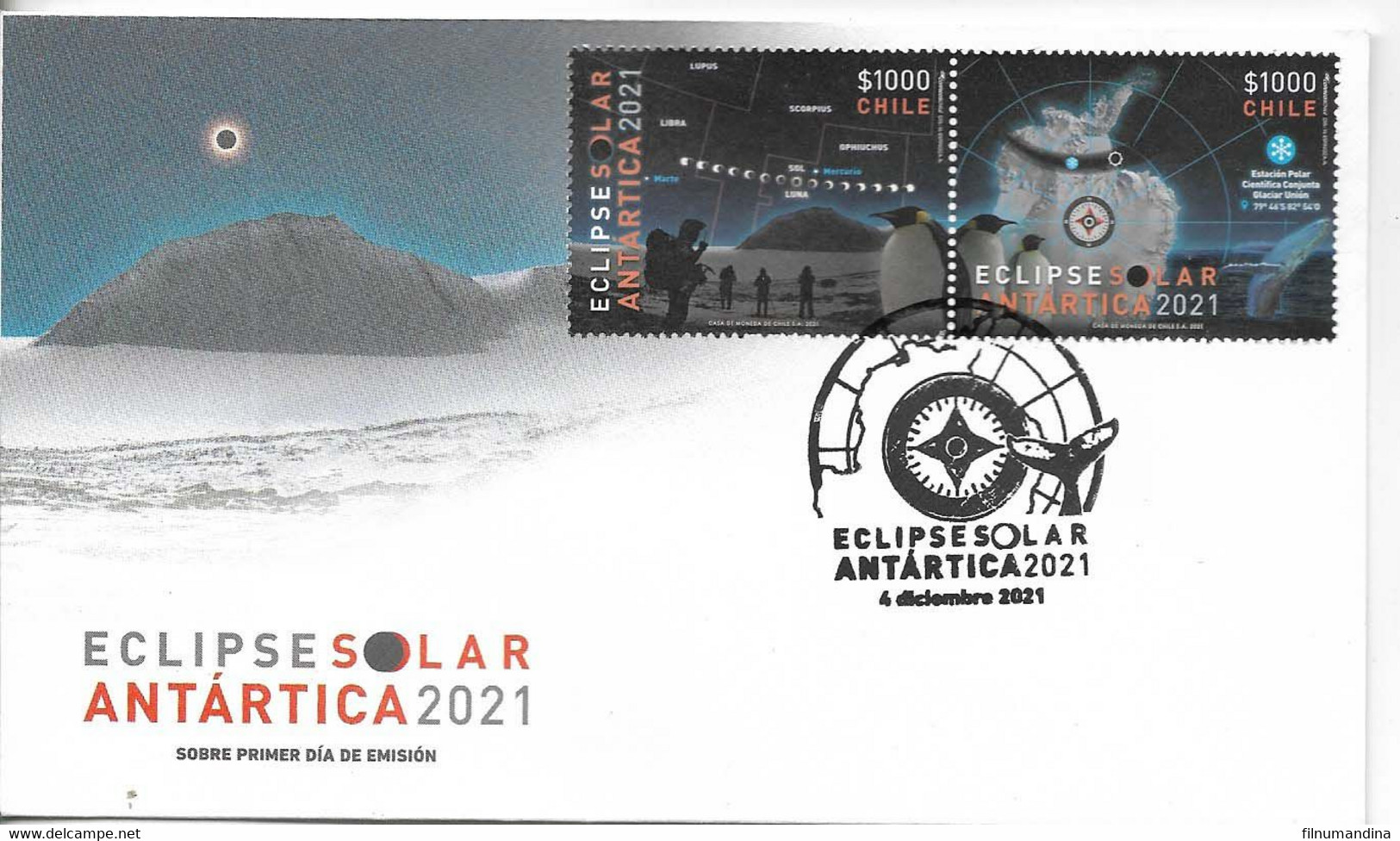 #2579 CHILE 2021 ANTARCTICA SPACE SOLAR ECLIPSE OVER ANTARCTICA PAIR YV 2179-80 COMBO GUTTER PAIR+ FDC+ BROCHURE - Amérique Du Sud