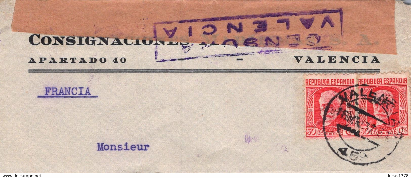 ESPAGNE FRANCE LETTRE CENSURE RÉPUBLICAINE CENSURA VALENCIA  1937 / CONSIGNACIONES MARITIMAS - Marcas De Censura Republicana