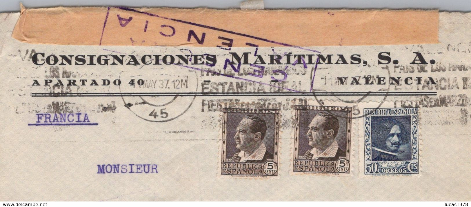 ESPAGNE FRANCE LETTRE CENSURE RÉPUBLICAINE CENSURA VALENCIA  1937 / CONSIGNACIONES MARITIMAS - Marques De Censures Républicaines