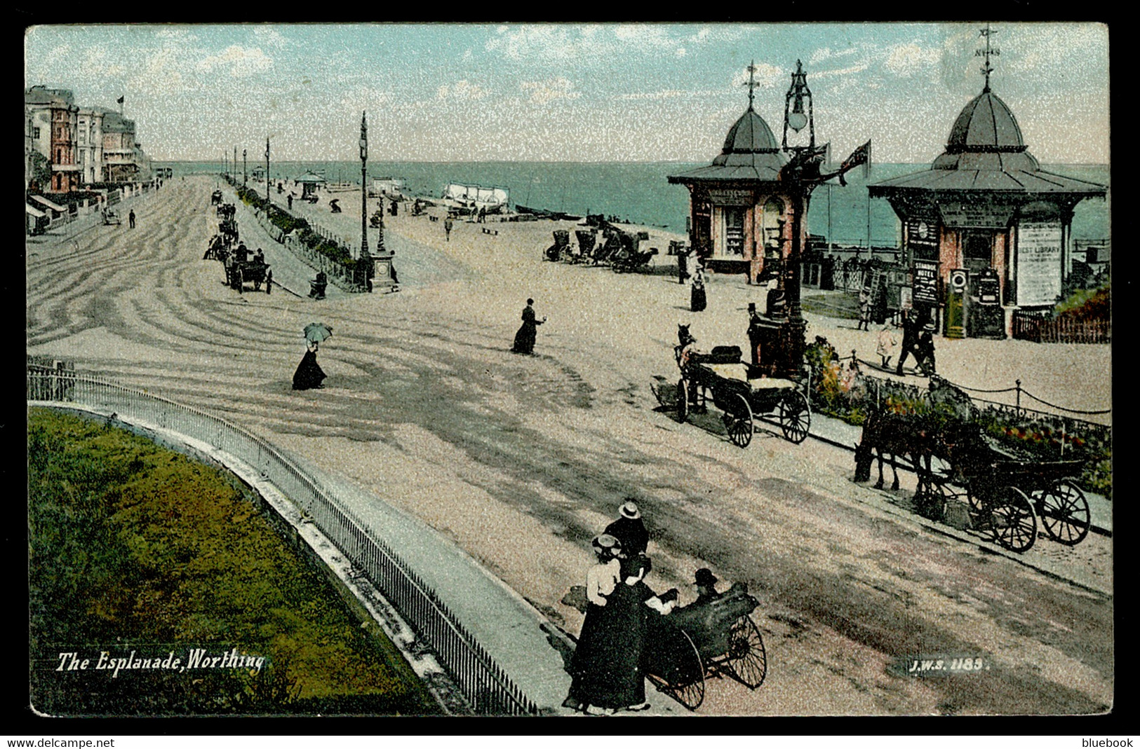 Ref 1589 - Early Postcard - The Esplanade Worthing Sussex - Pier Entrance With Wheelchair & Horse Drawn Carriagess - Worthing