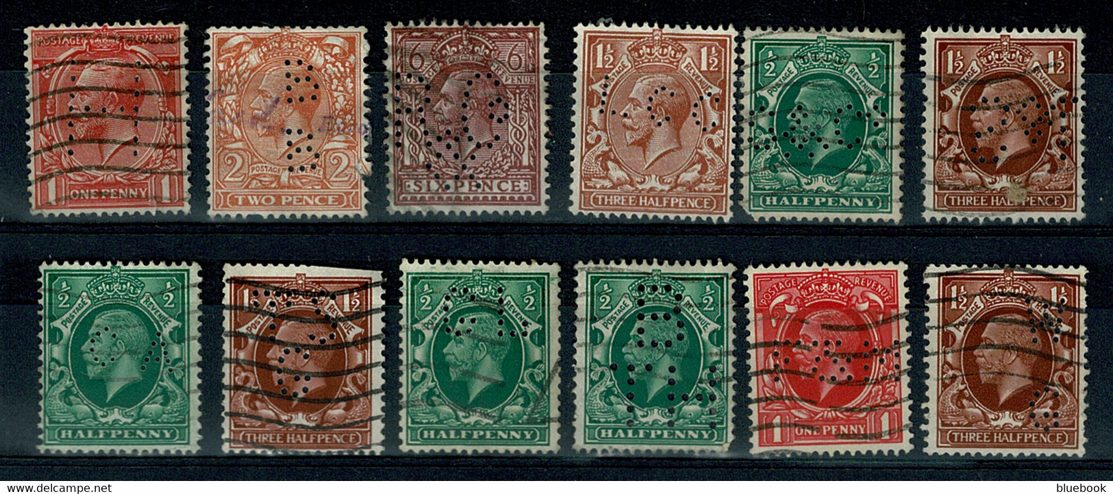 Ref 1589 - 12 X GB  - KGV Perfins Stamps - Gezähnt (perforiert)