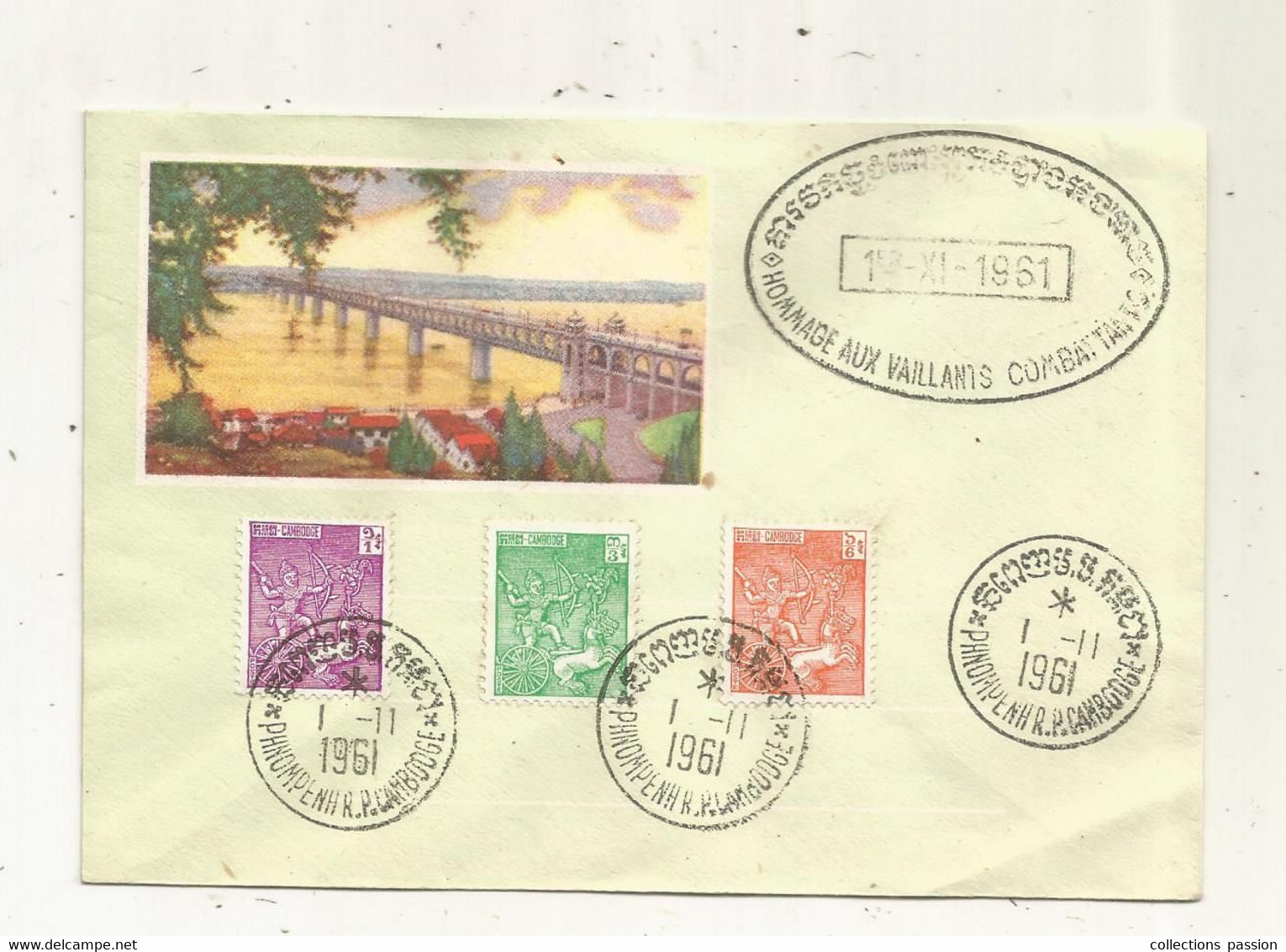 FDC, Premier Jour, R.P. CAMBODGE, 1-11-1961 , PHNON PENH,  Hommage Aux Vaillants Combattants  , 3 Timbres - Cambodja