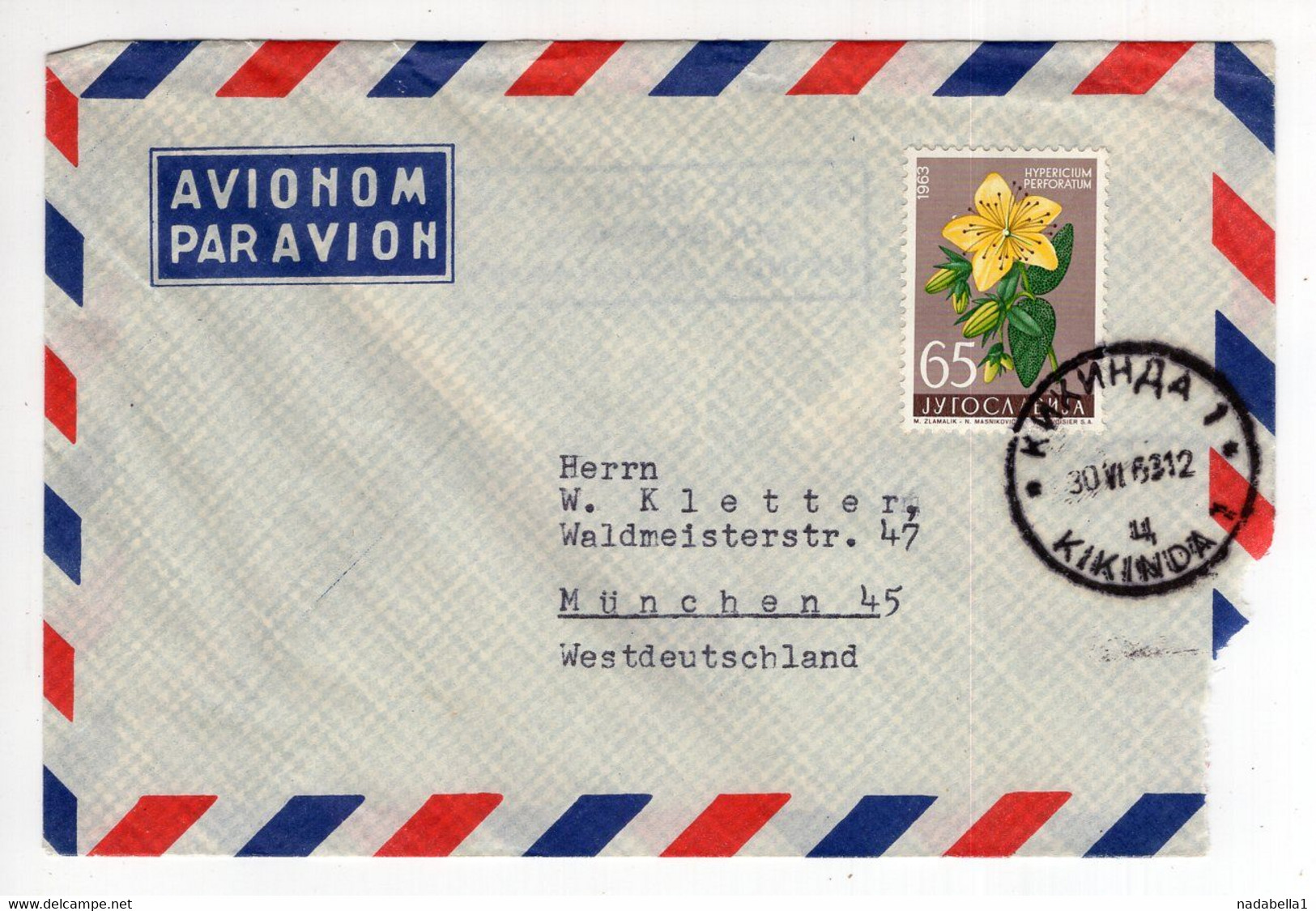 1963. YUGOSLAVIA,SERBIA,KIKINDA,AIRMAIL COVER TO GERMANY,HYPERICUM STAMP - Poste Aérienne