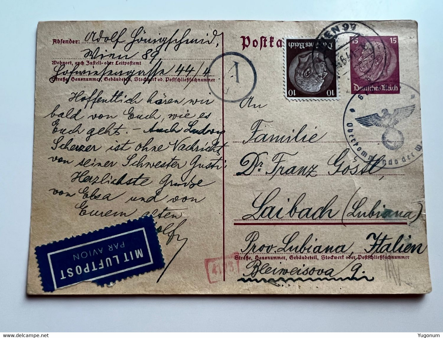 WWII 1941 Stationary Card Sent From Wien With Stamp "Oberkommando Der Wien" To Provinz Lubiana (No 1919) - Ljubljana