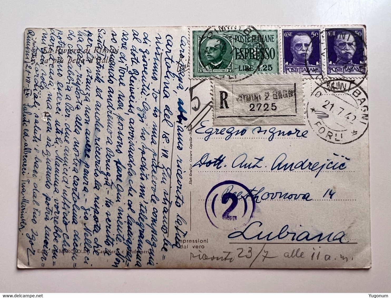 WWII 1942 Postcard With R Label RIMINI Espresso Sent To Provinz Lubiana With Censhorship Stamp "2" (No 1922) - Lubiana