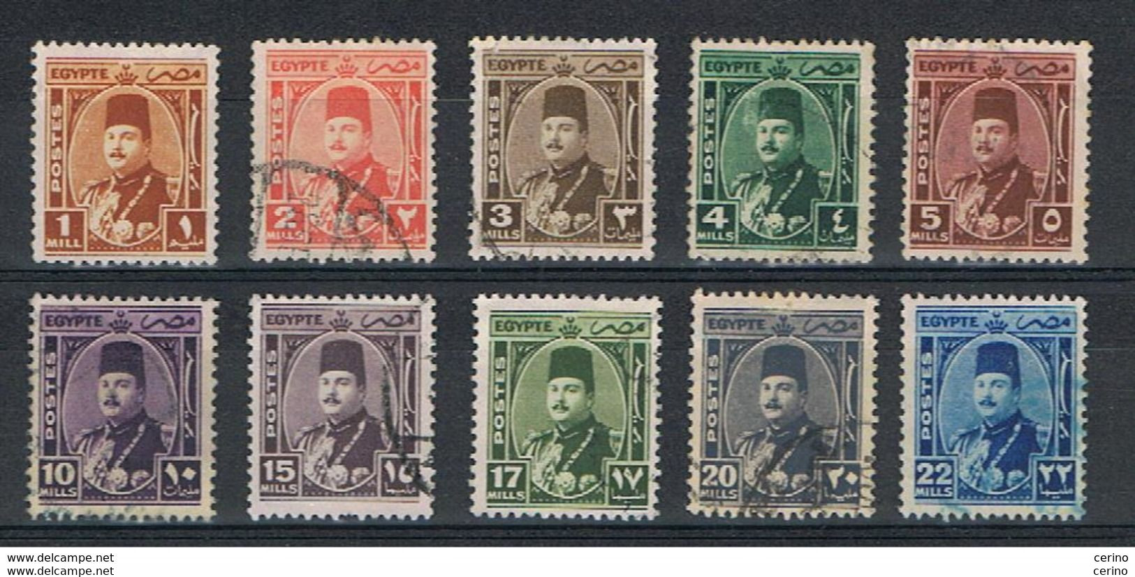 EGYPT:  1944/46  FAROUK  -  KOMPLET  SET  10  USED  STAMPS  -  YV/TELL. 223/32 - Usados