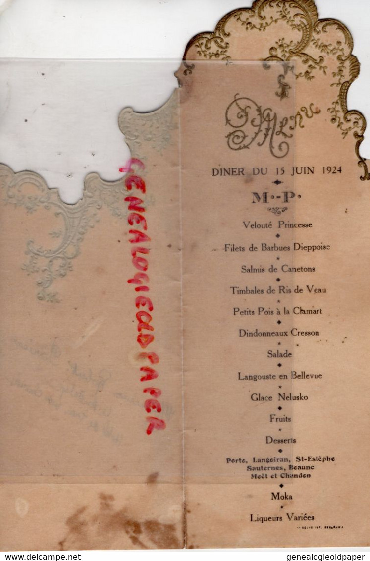 27- LES ANDELYS- MENU HOTEL DES TROIS MARCHANDS PAGNIERRE- ROBERT PARISSE-DINER DU 15 JUIN 1924- - Menú