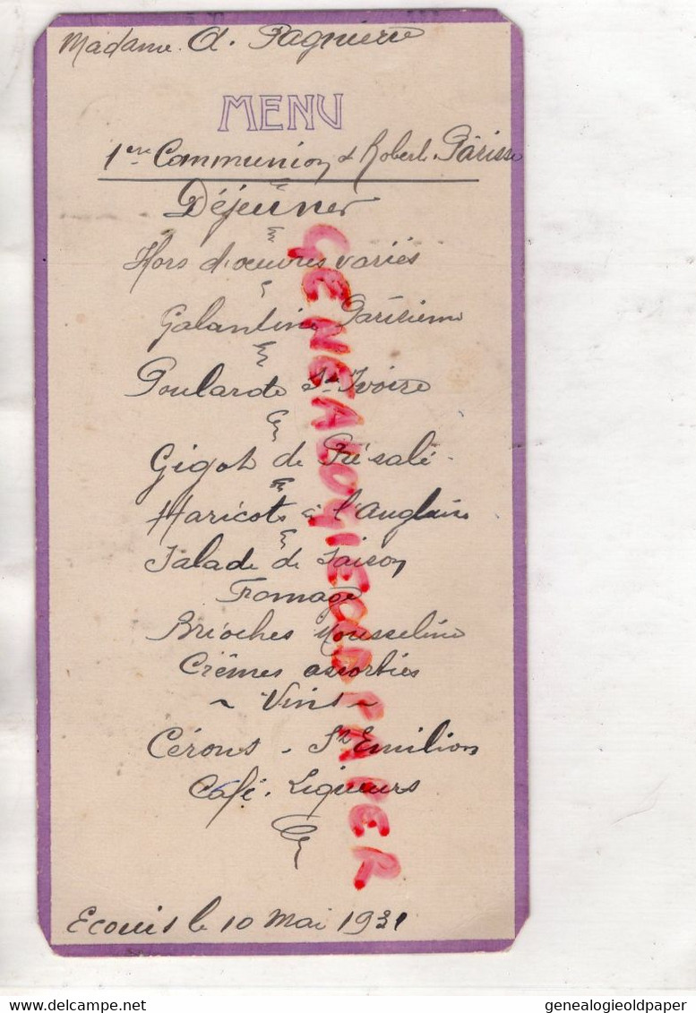 27- ECOUIS- MENU 1 ERE COMMUNION DE ROBERT PARISSE LES ANDELYS- A. PAGNIERRE 10 MAI 1931 - Menú