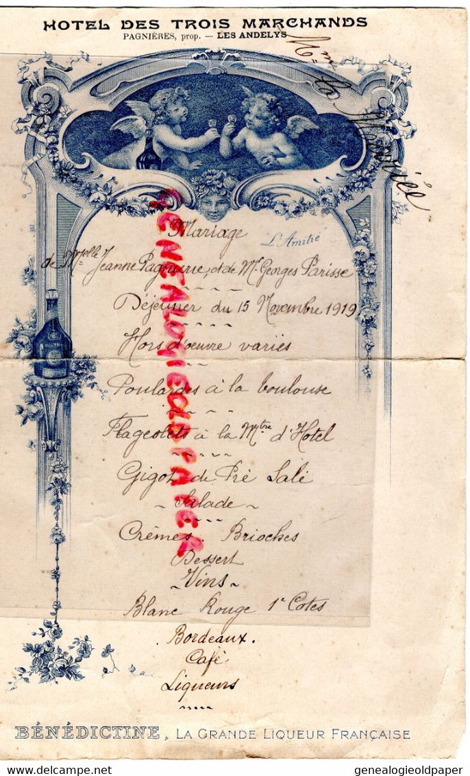 27- LES ANDELYS-BEAU MENU HOTEL DES TROIS MARCHANDS -PAGNIERRE  PROPRIETAIRE DEJEUNER DU 15 NOVEMBRE 1919-BENEDICTINE - Menus