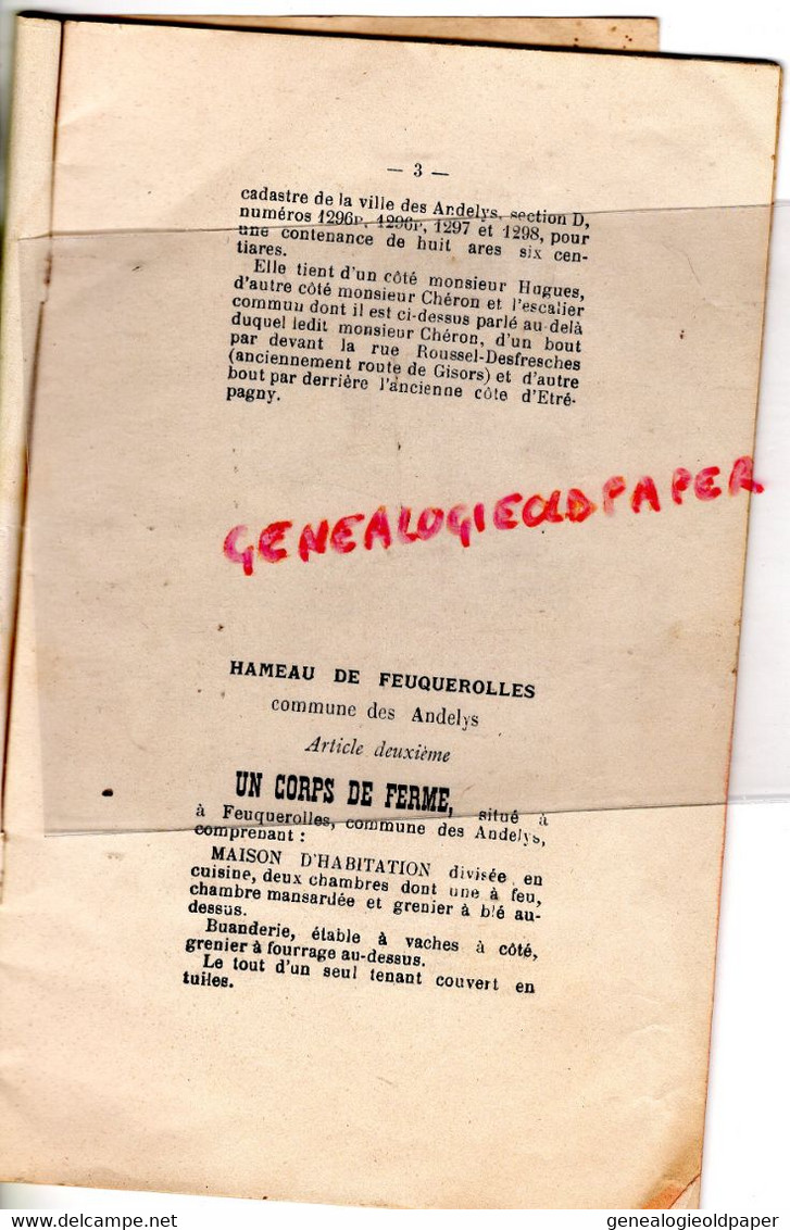 27- LES ANDELYS-A VENDRE 20 MARS 1913-ETUDE ME LEFEVRE-MAISON BOURGEOISE FOUQUEROLLES-RADEVAL-LA RIVIERE VILLERS CORNY - Historische Dokumente