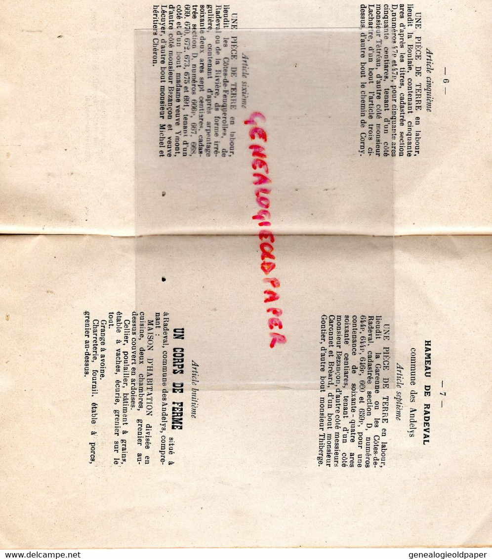 27- LES ANDELYS-A VENDRE 20 MARS 1913-ETUDE ME LEFEVRE-MAISON BOURGEOISE FOUQUEROLLES-RADEVAL-LA RIVIERE VILLERS CORNY - Historische Dokumente