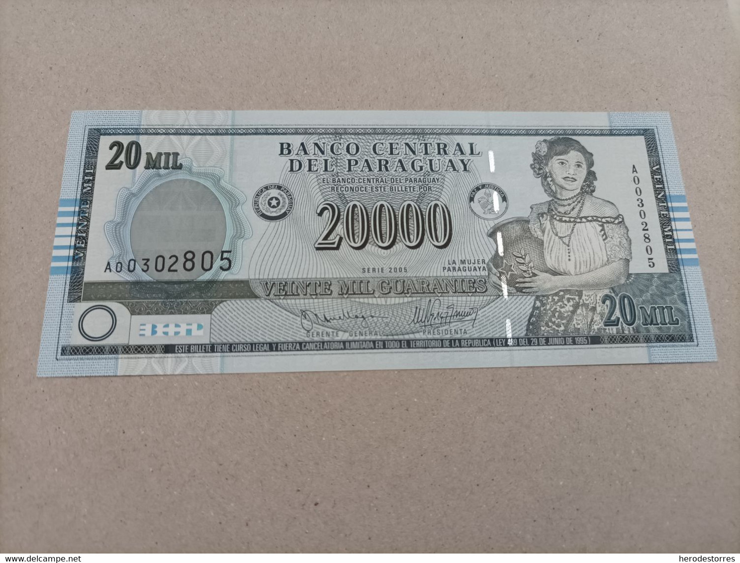 Billete Paraguay 20000 Guaraníes, Nº Bajisimo Y Serie A00302805, Año 2005, UNC - Paraguay