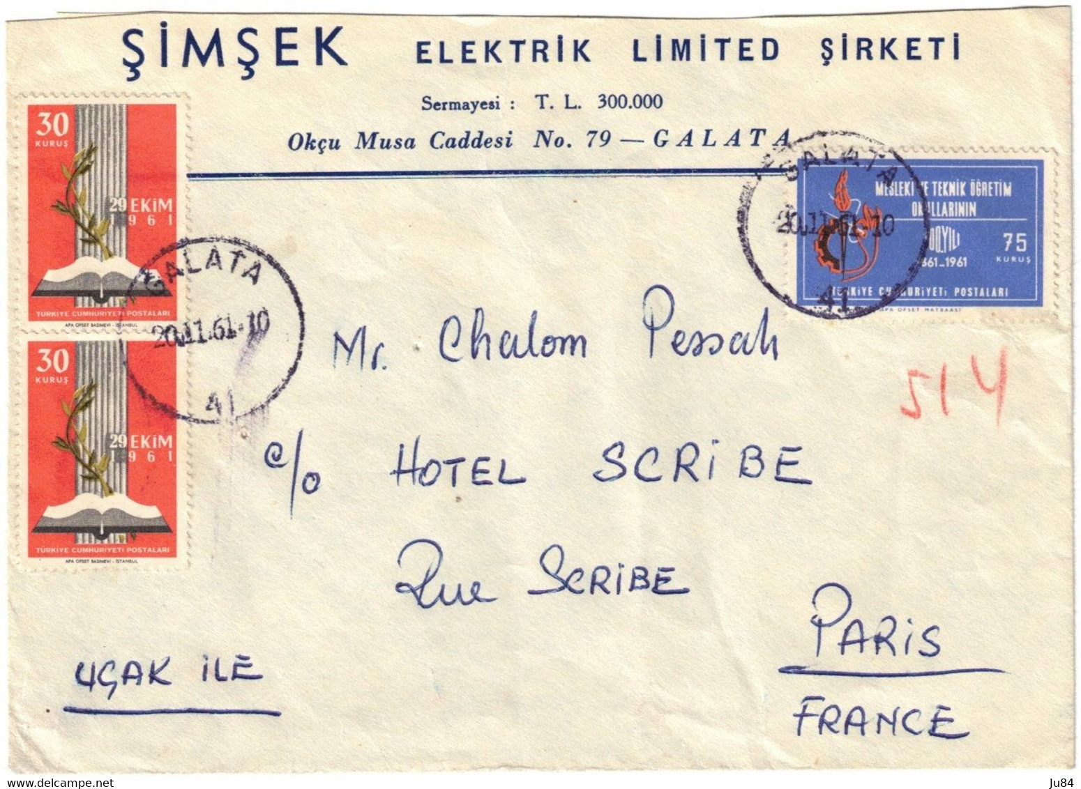 Turquie - Galata - Simsek Elektrik Limited Sirketi - Lettre Pour Hôtel Scribe Paris (France) - 20 Novembre 1961 - Brieven En Documenten