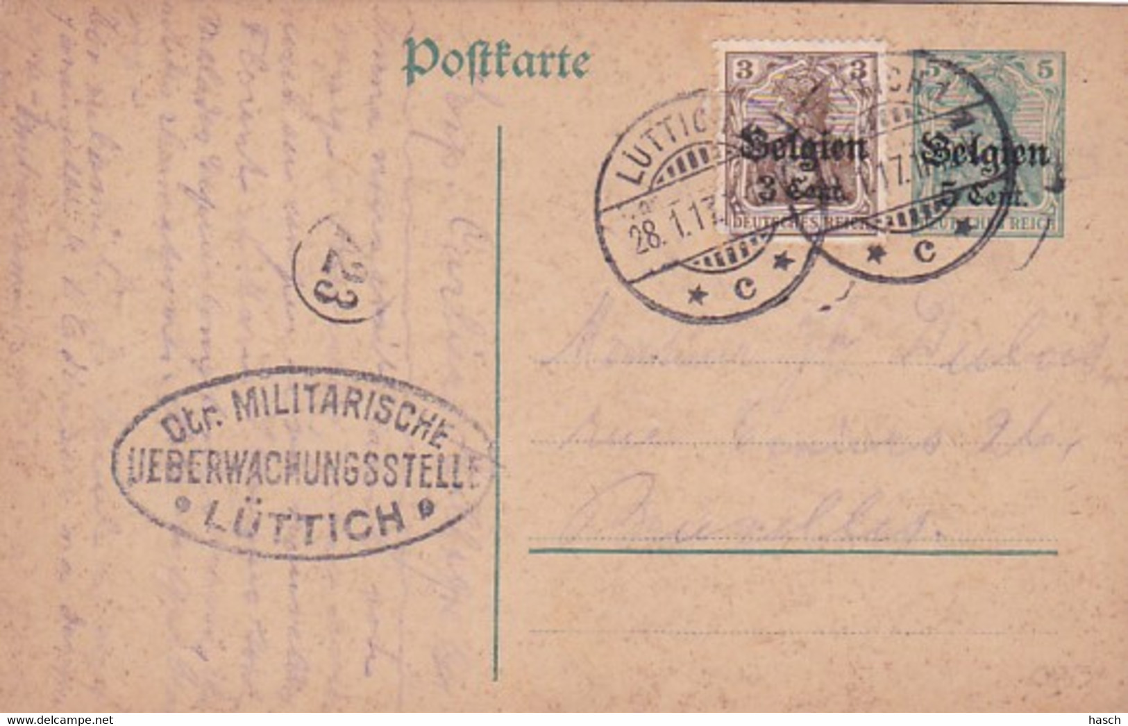 383-24Belgische Briefkaart 28-1-1917 Naar Brussel Met Censuurstempel Ctr. Militarische Ueberwachungsstelle  *Lüttich* - Deutsche Besatzung