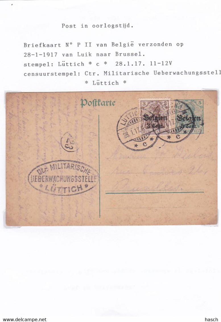 383-24Belgische Briefkaart 28-1-1917 Naar Brussel Met Censuurstempel Ctr. Militarische Ueberwachungsstelle  *Lüttich* - Occupation Allemande