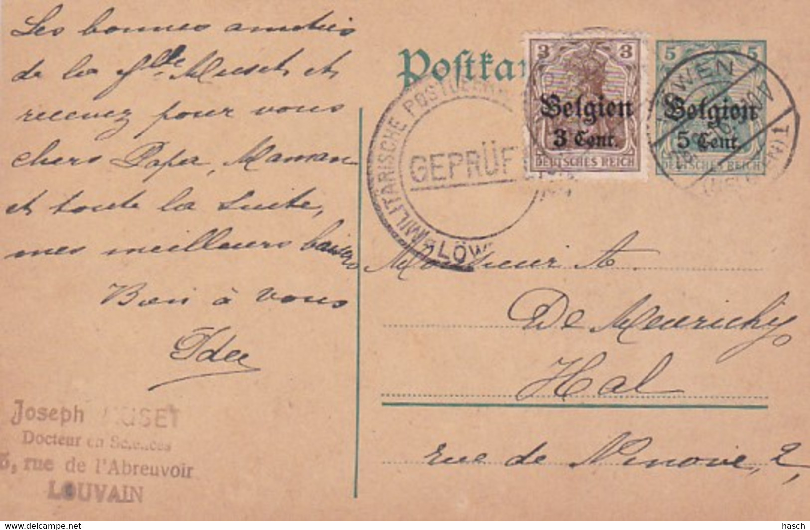 383-25Belgisch Briefkaart P6 26-8-1916 Naar Hal Met Censuurstempel: Geprüft Militarische Postüberwachungsstelle Löwen - Occupazione Tedesca