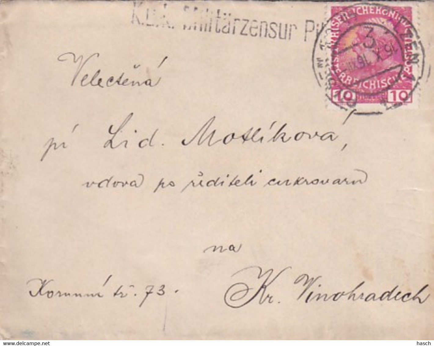 383-34Brief Van Pilsen Nach Vinohradech. Zensurstempel: K.u.K. Militairzensur Pilsen 3 - Enveloppes