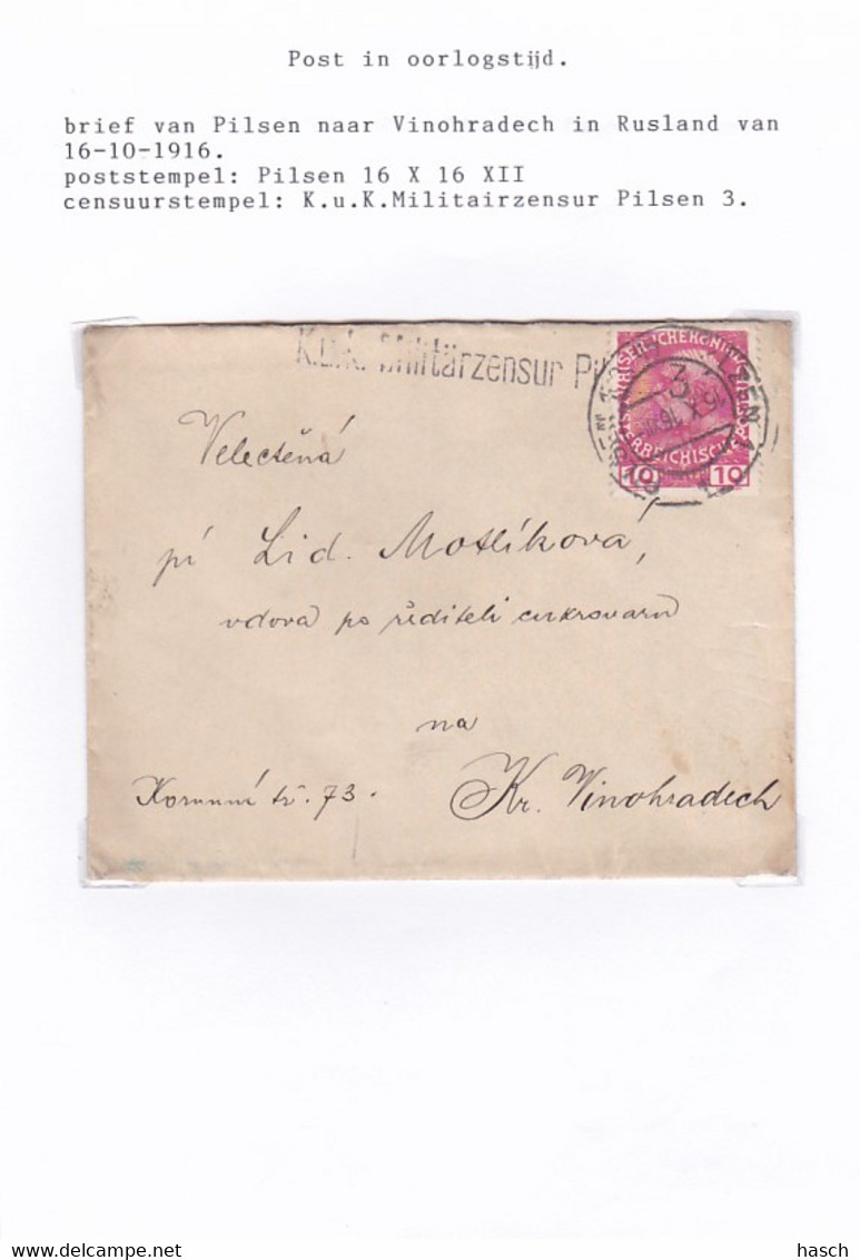 383-34Brief Van Pilsen Nach Vinohradech. Zensurstempel: K.u.K. Militairzensur Pilsen 3 - Enveloppes