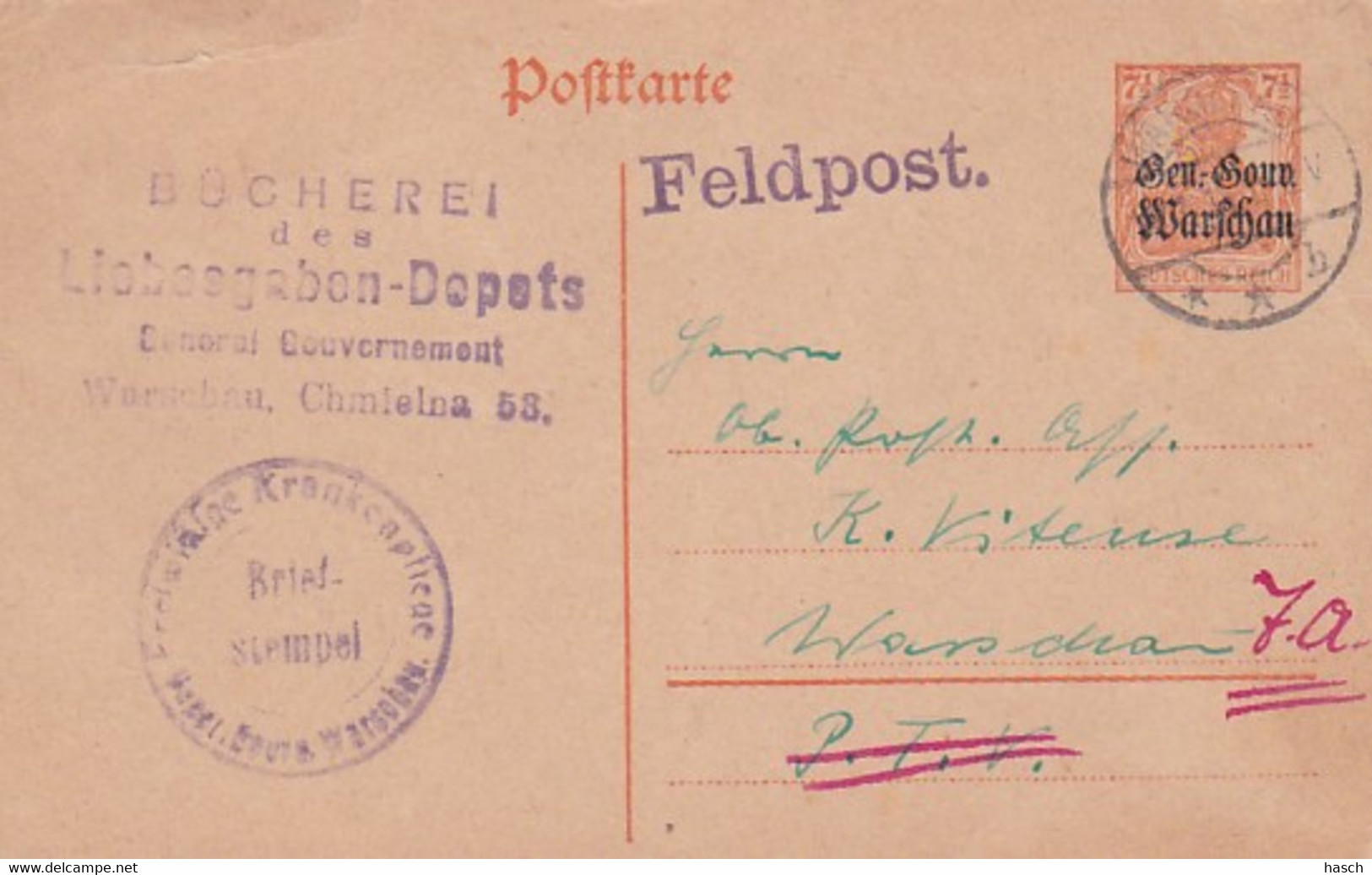 383-55 Feldpostkarte Warschau-Warschau 14-7-18 Stempel: Freiwillige Krankenpflege ……. Warschau - Briefe U. Dokumente