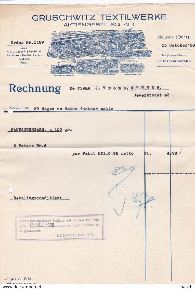 3848	146	GRUSCHWITZ TEXTILWERKE, 2 Facturen Mei/okt. 1926 - ... - 1799