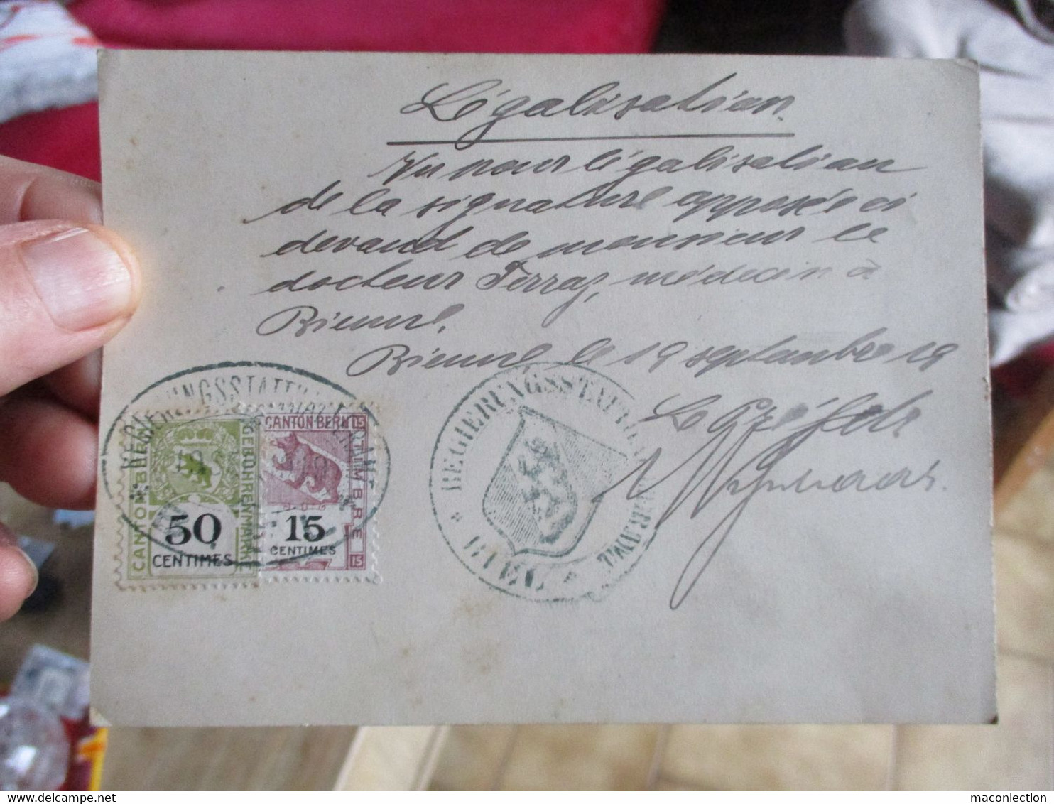 Timbres Oblitérés Sur Carte Canton De Berne 15 & 50 Centimes Et Son Ours + Tampon - 1843-1852 Federal & Cantonal Stamps