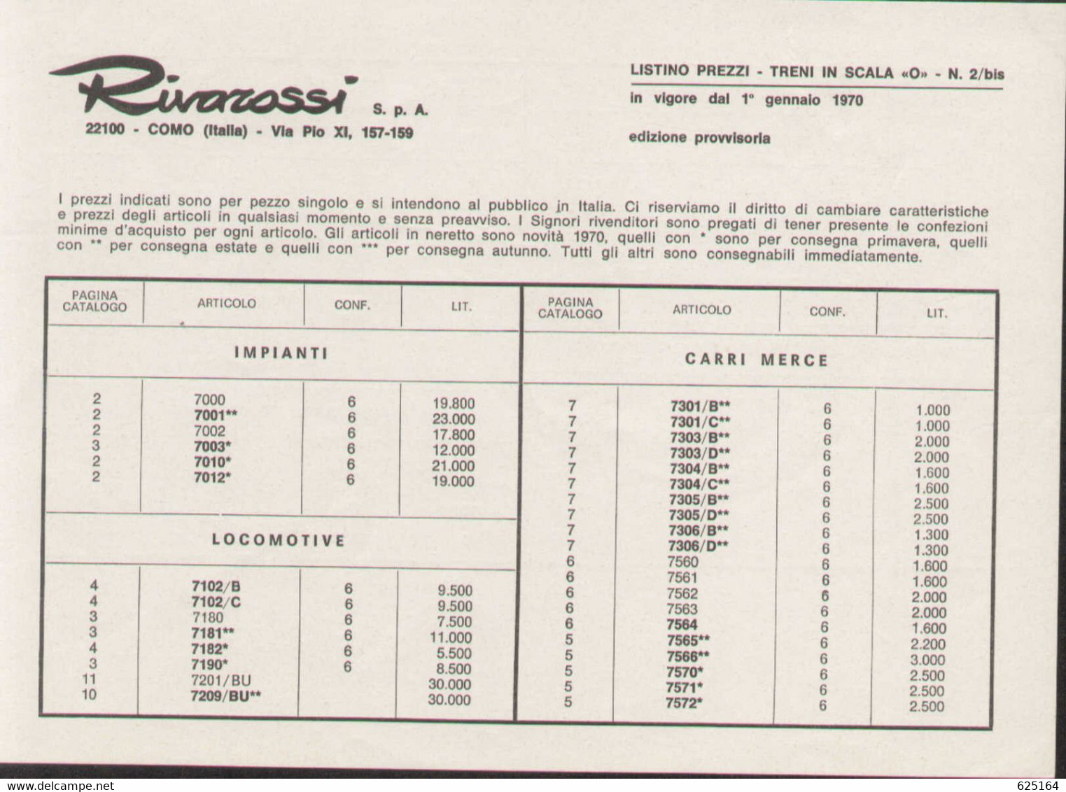 Catalogue RIVAROSSI 1970 Scala O Listino Prezzi LIT - ONLY PREISLISTE En Italien - Non Classificati