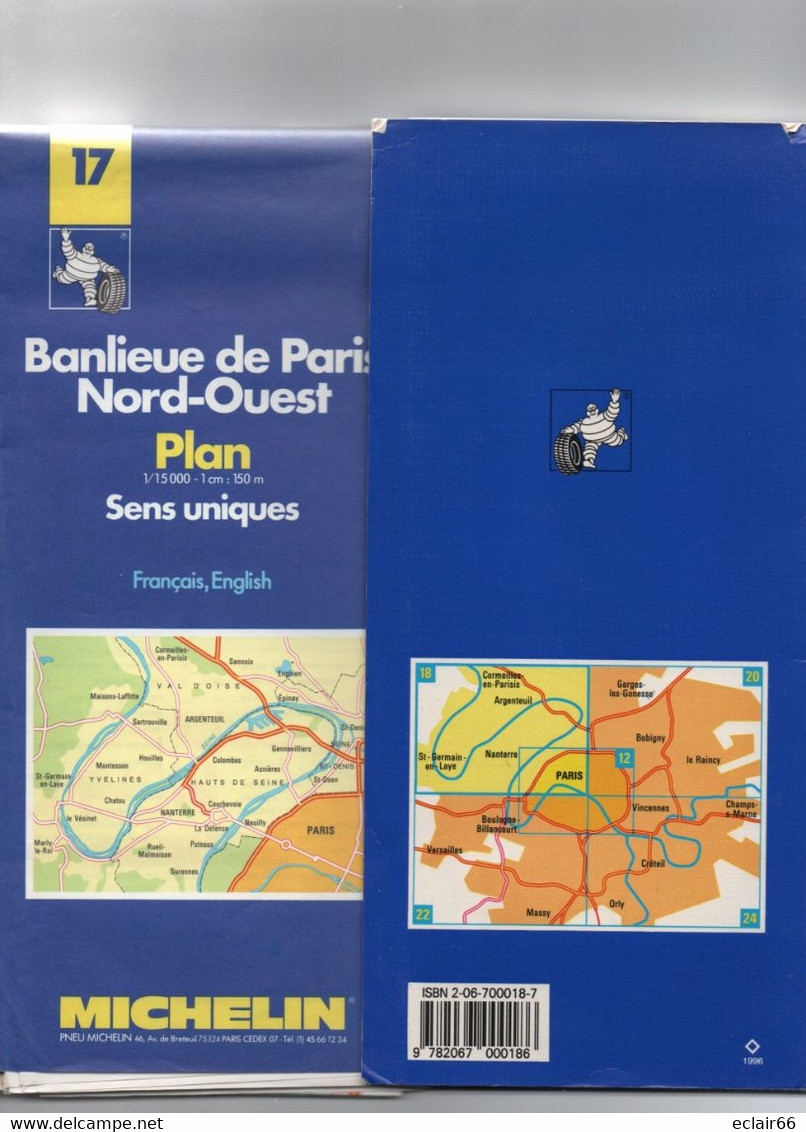 Carte Michelin "Banlieue De Paris Nord-Ouest Plan 17& Répertoire 18 Des Rues Sens Uniques" état Correct Année Edit 1995 - Cartes Routières