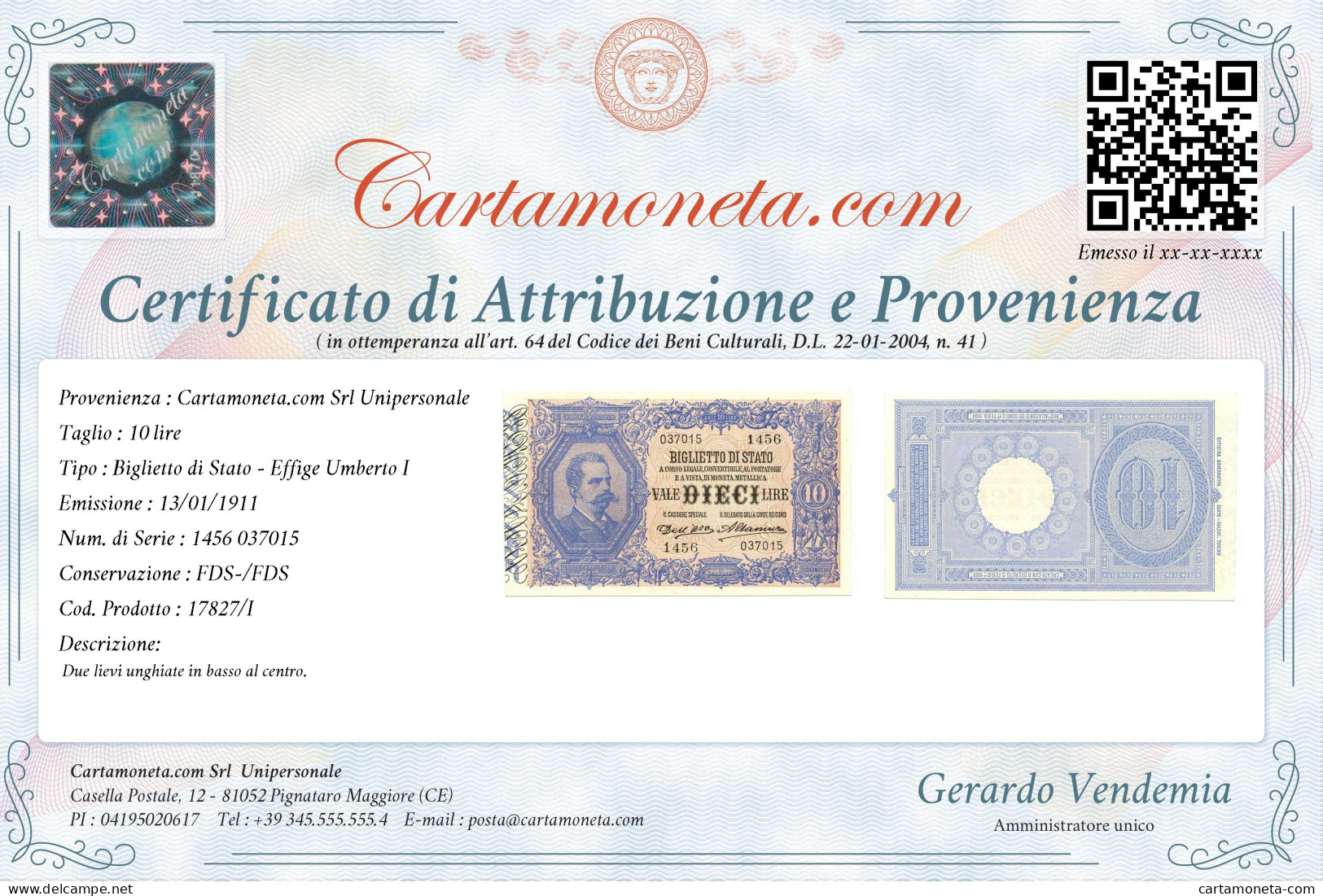 10 LIRE BIGLIETTO DI STATO EFFIGE UMBERTO I 13/01/1911 FDS-/FDS - Andere