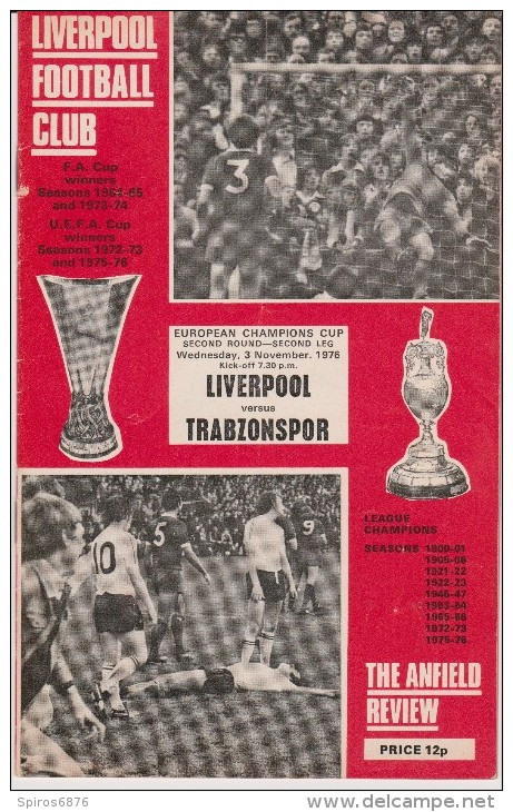 Official Football Programme LIVERPOOL - TRABZONSPOR European Champions Cup ( Pre - Champions League )1976 - Uniformes Recordatorios & Misc