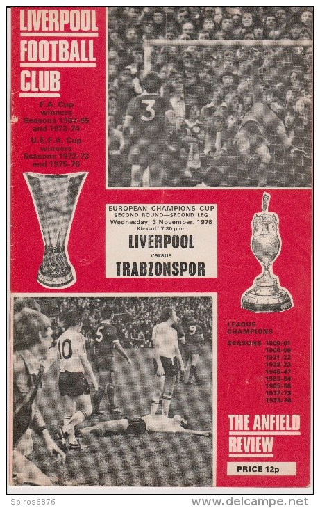 Official Football Programme LIVERPOOL - TRABZONSPOR European Champions Cup ( Pre - Champions League )1976 - Habillement, Souvenirs & Autres