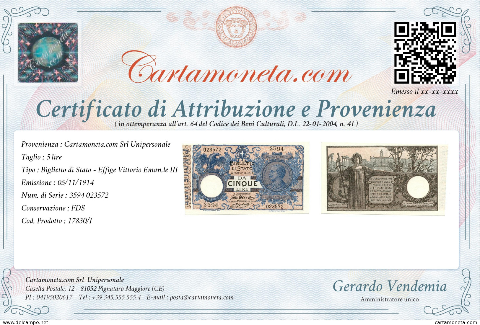 5 LIRE BIGLIETTO DI STATO VITTORIO EMANUELE III FLOREALE 05/11/1914 FDS - Regno D'Italia – Autres