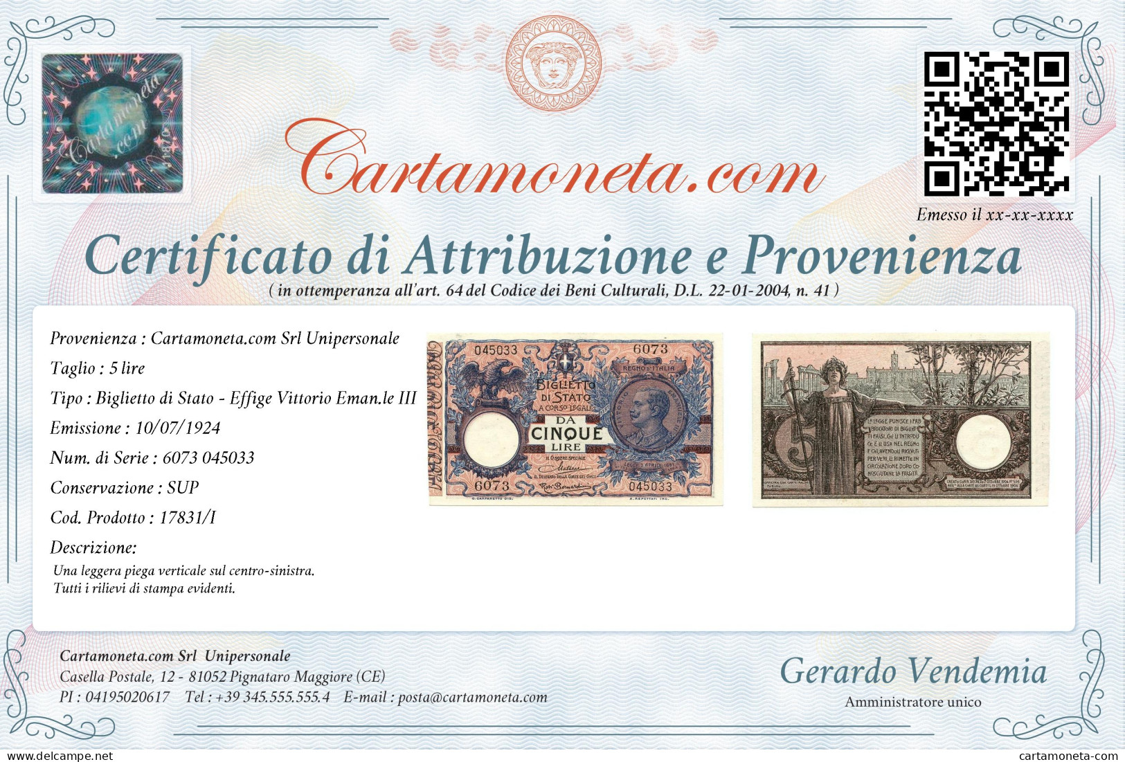 5 LIRE BIGLIETTO DI STATO VITTORIO EMANUELE III FLOREALE 10/07/1924 SUP - Andere