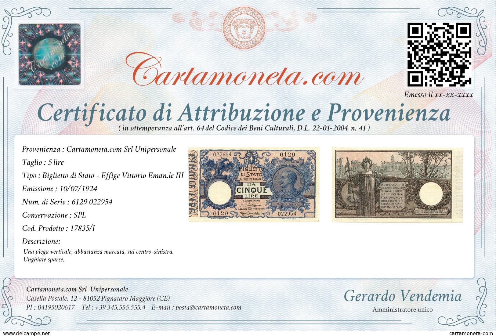 5 LIRE BIGLIETTO DI STATO VITTORIO EMANUELE III FLOREALE 10/07/1924 SPL - Regno D'Italia – Autres