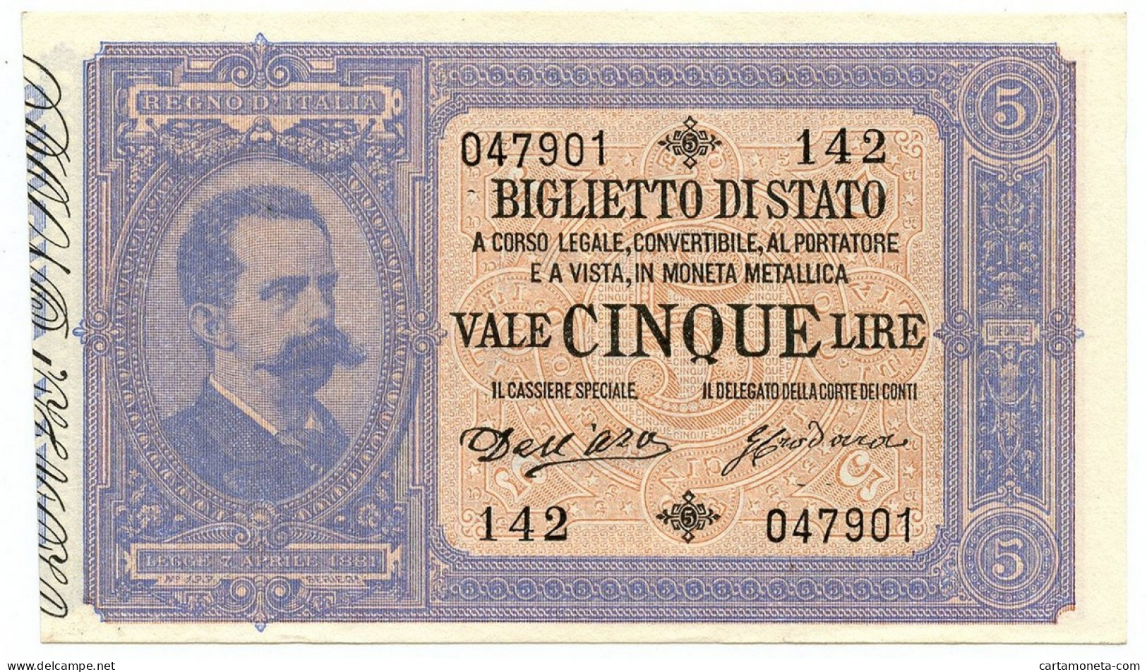 5 LIRE BIGLIETTO DI STATO EFFIGE UMBERTO I 01/03/1883 SUP - Andere